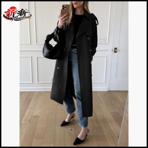 Long Trench Coat Double Breasted Classic Lapel Overcoat with Belt - Picture 3 of 7